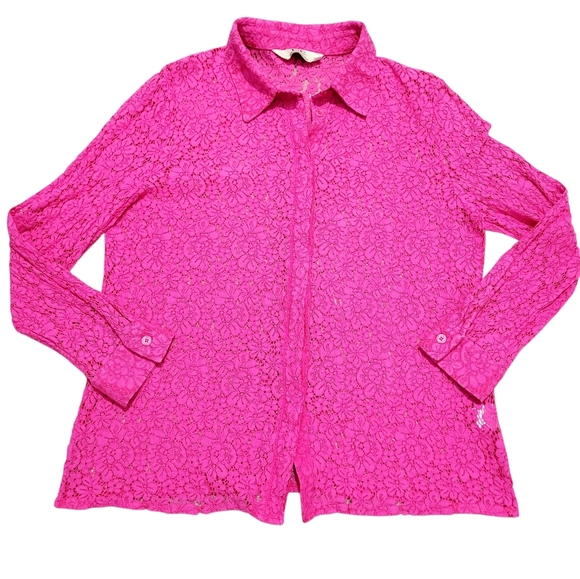 LIC Curvy Collection Hot Pink Lace Button Front Blouse Shirt PLUS XXL Stretch - Picture 3 of 13